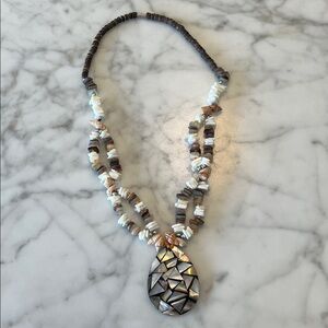 Vintage Brown and Cream  Shell Mosaic Pendant Necklace